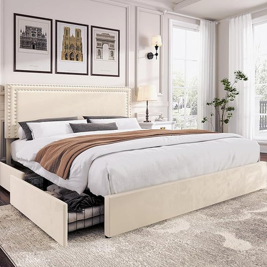 VECELO Full Size Upholstered Platform Bed Frame with 4 Storage Drawers, Adjustable Velvet Headboard Nailhead, Wooden Slats Support, No Box Spring Needed, Easy Assembly