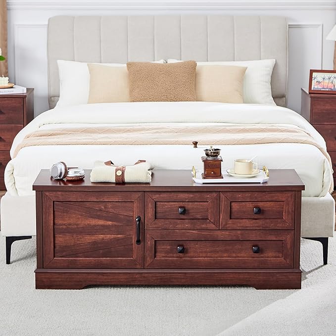 LIDYUK 3 Drawer Cherry Wood Dresser for Bedroom Farmhouse Dresser Chest of Drawers, 48" End of Bed Storage Bench Wide Chest of Drawers for Bedroom, Living Room