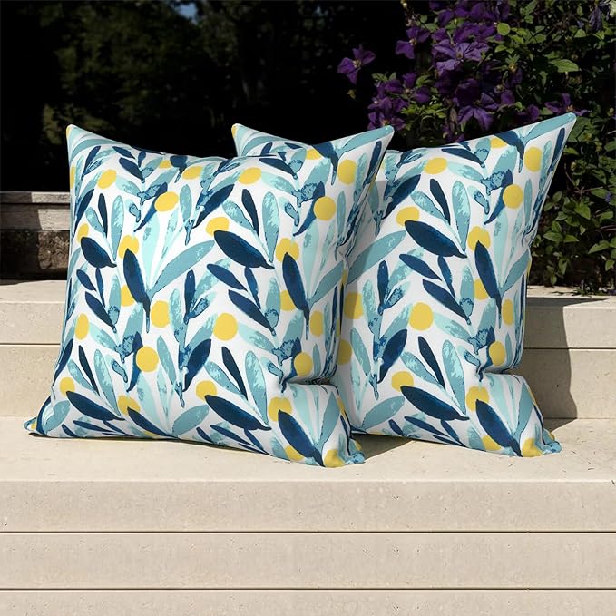 Pack of 2 Patio Throw Pillow Covers ONLY, Water Repellent Cushion Cases 20x20 Inch, Square Pillowcases for Outdoor Couch Decoration, Leaves Multi