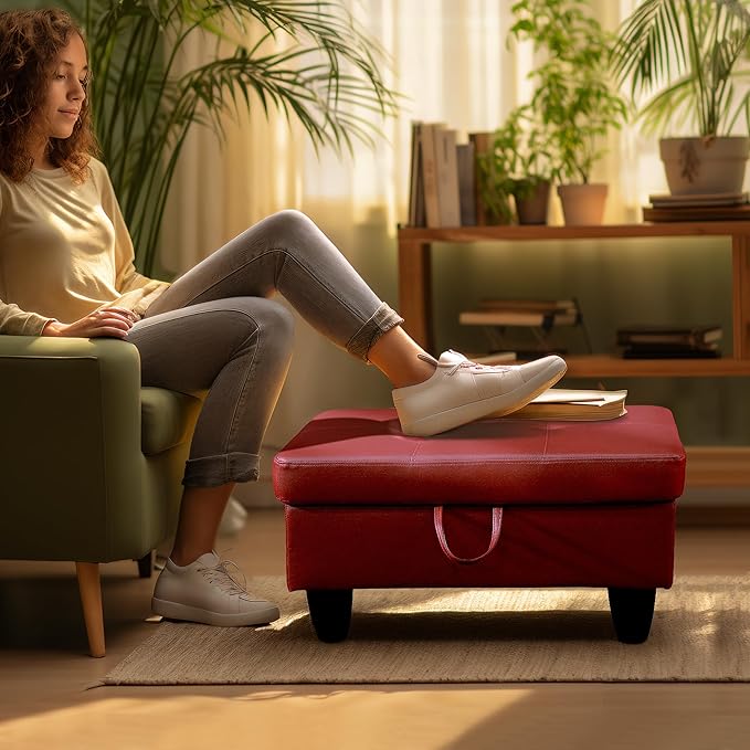 Ottoman Rectangular Storage Ottoman Bench, Faux Leather Footrest, Coffee Table, Stool Footstool with Hinged Lid for Living Room, Bedroom, Entryway, Red, 28.5"x19"x17.5"