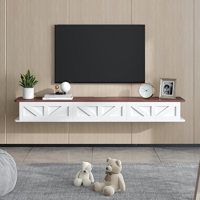 White Floating TV Stand for 43 55 65 70 inch TV, Entertainment Center Media TV Console Shelf and Storage Drawers for Wall for Living Room Bedroom (White Floating TV Stand)