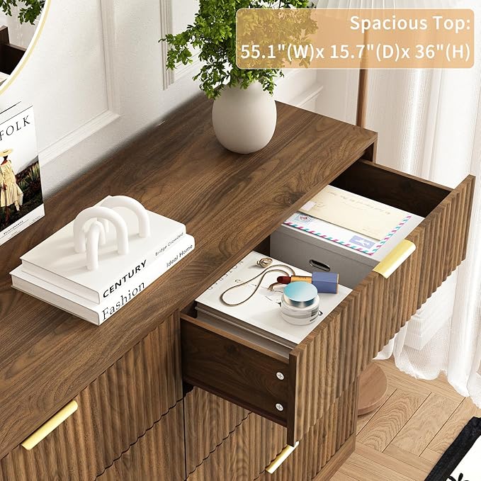 8 Drawer Dresser for Bedroom, Modern Fluted Double Dresser, 55" Wide Chest of Dressers, Mid Century Wooden Beside Table for Closet, Living Room and Entryway, Natural