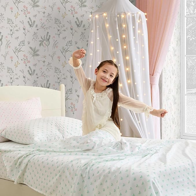 Laura Ashley Kids - Queen Sheet Set, Soft & Wrinkle-Resistant Toddler Bedding Set, Deep Pockets, Girl Bed Sheets with Matching Fitted Sheet & Pillowcases (Lovely Bows Blue)