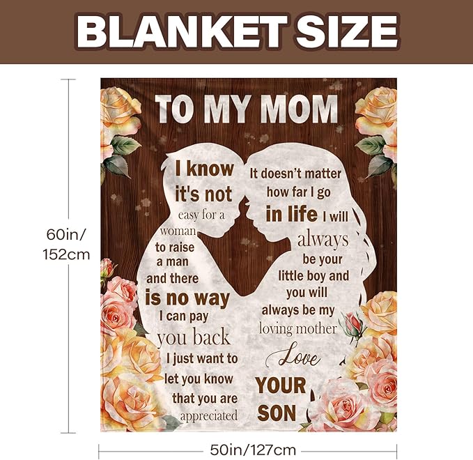 Gifts for Mom from Son, I Love You Mom Blanket, Gifts for Mothers Day, Soft Flannel Blanket for Mother for Birthday Mothers Day 50" x 60"