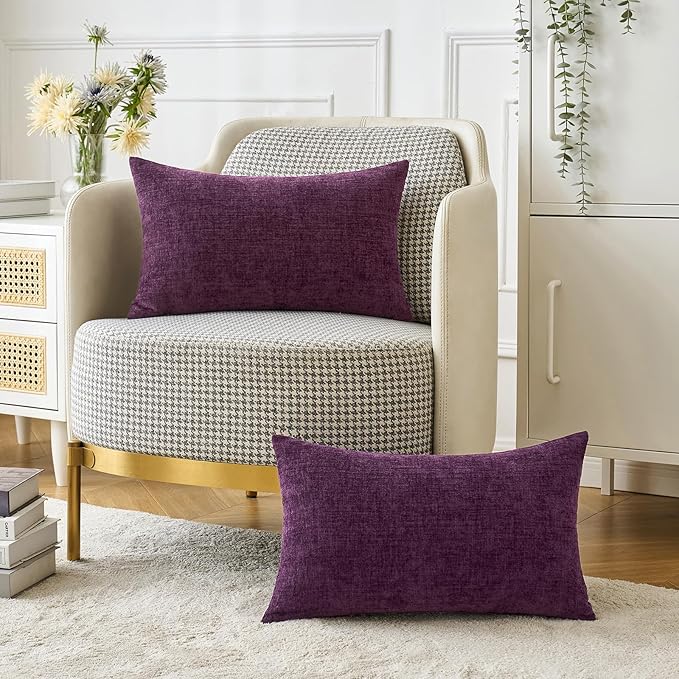 MIULEE Pack of 2 Couch Throw Pillow Covers 12x20 Inch Soft Plum Purple Chenille Pillow Covers for Sofa Living Room Solid Dyed Pillow Cases