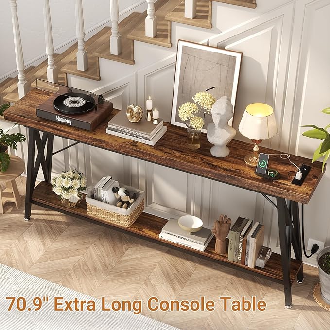 Homieasy 70.9 Inch Extra Long Console Table with Charging Station & Storage Shelf - Industrial Style Sofa Table Behind Couch for Living Room & Entryway, Rustic Brown