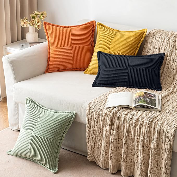 MIULEE Decorative Throw Pillow Covers for Couch Bed Livingroom 18x18 Inch Set of 2 Black Boho Accent Throw Pllows Broadside Striped Patchwork Soft Corduroy Pillowcases