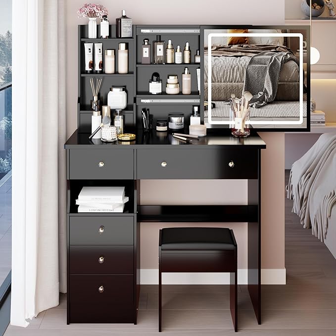 37" Vanity Desk with Mirror and Lights, Makeup Table with Led Lights and Sliding Mirror, 3 Lighting Colors, Vanity Set with 6 Drawers and Stool for Bedroom, Black