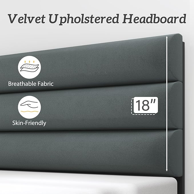 Full Bed Frame, Platform Bed Frame with Velvet Upholstered Headboard, No Box Spring Needed, Sturdy Metal Support, Noise Free, Easy Assembly, Modern Bedroom Furniture, Grey