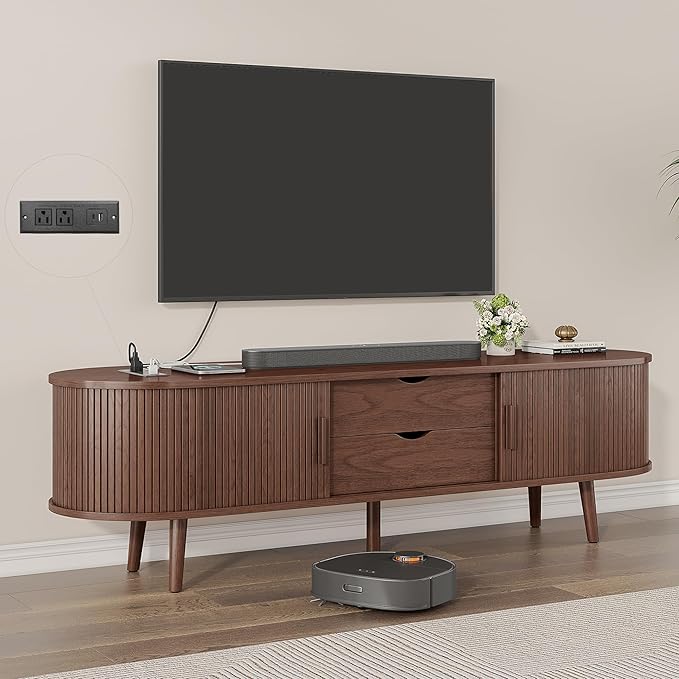 Alohappy 59" Mid Century Modern TV Stand with Charging Station, Curved Edge Fluted TV Media Console Table with Drawer and Shelf, Farmhouse Entertainment Center for Living Room, Bedroom, Walnut