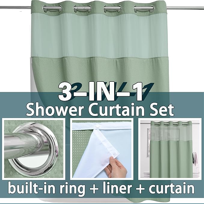 Extra Long No Hook Sage Green Waffle Weave Shower Curtain with Snap in Liner Set, Hotel Luxury Shower Curtains for Bathroom with See Through Top Window, Waterproof, Washable 71W x 84H
