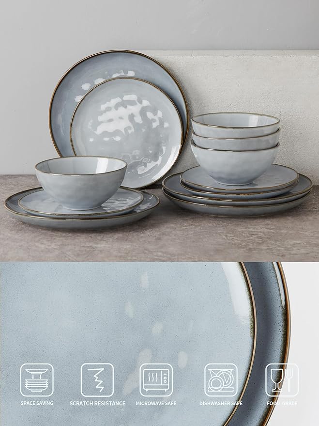 Famiware Dinnerware Sets for 8, Ocean Round 24-Piece Kitchen Plates and Bowls Sets, Reactive Glaze, Microwave and Dishwasher Safe, Scratch Resistant, Blue