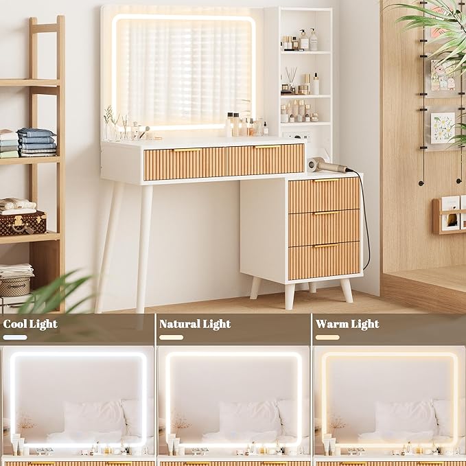 44" Vanity Desk with Mirror and Lights, Makeup Vanity Desk with Power Outlet, Makeup Desk with 5 Drawers&Storage Shelves, Vanity Table 3 Color Adjustable Brightness Dressing Table Set for Bedroom