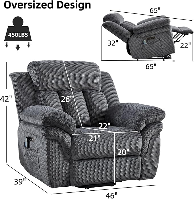 CANMOV 46" Wide Oversize Power Lift Recliner Chair, Extra Large Electric Lift Recliners for Elderly Big, Stand Up Recliner Chair with Massage and Heat, USB and Type-C Ports, Dark Grey