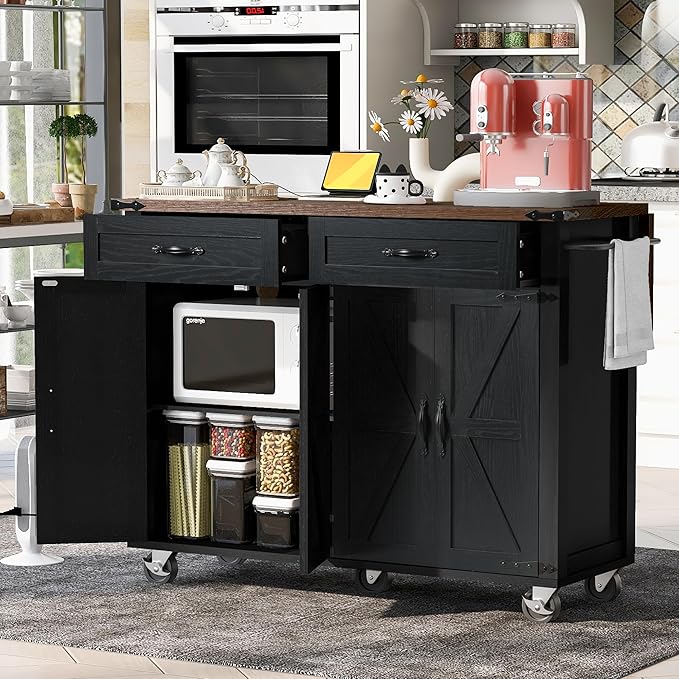 53.5''Farmhouse Kitchen Island with Power Outlet, Rolling Kitchen Cart with Drop Leaf, Storage Cabinet Table, Spice Rack and Drawer for Home, Kitchen and Dining Room (Black)