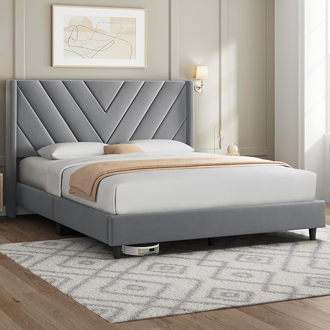 Yaheetech Queen Bed Frame Upholstered Platform Bed with Wing Side/Wooden Slat Support/Tufted Headboard with Wing Side/Mattress Foundation/No Box Spring Needed,Light Grey Queen Bed