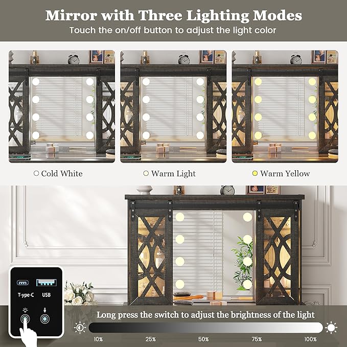 Farmhouse Makeup Vanity with Mirror & Lights, Large Vanity Desk with 5 Drawers & 9 Storage Shelves, Dressing Table with Jewelry Armoire, Vanity Gifts for Wife Girlfriends Women/Lady Girl (Brown)