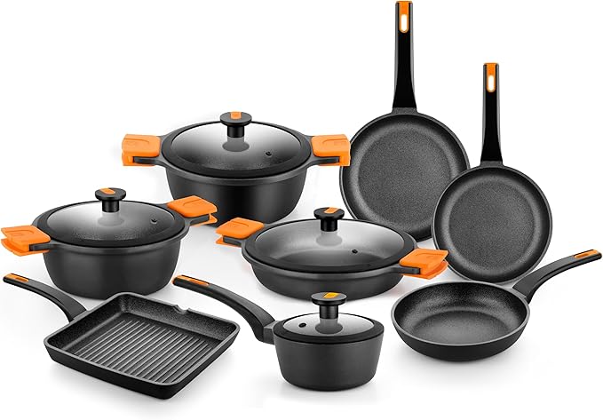 BRA COOKWARE Efficient Pro 12 Piece Cookware Set | Cast Aluminum Kitchenware Set | 2 Pots, 1 Sauté Pan, 3 Frying Pans, 1 Saucepan, 1 Grill, 4 Lids | Non-Stick | All Stovetops Compatible | PFOA Free