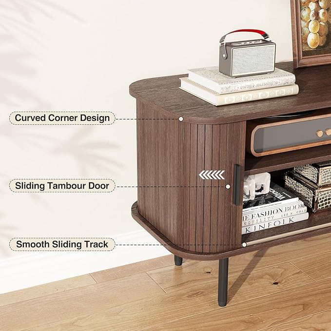 55" Mid Century Modern Fluted TV Stand for TVs up to 65 Inch, Gaming Entertainment Center with Tambour Slatted Sliding Doors, Media TV Consoles Table for Living Room, Walnut