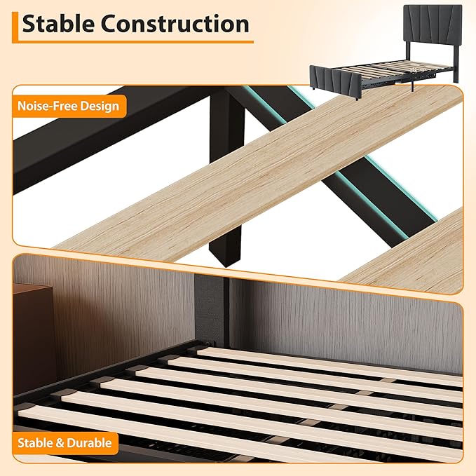 GarveeHome Twin Size Bed Frame with Adjustable Headboard and 2 Storage Drawers, Soft Upholstered Platform Bed Frames with Wooden Slats Support, No Box Spring Needed, Dark Grey