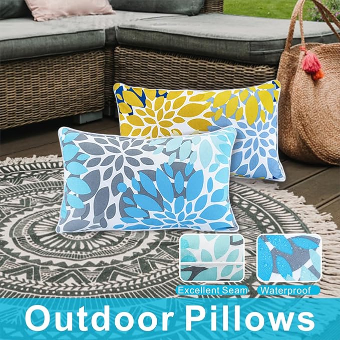 JMGBird 12×20 Inch Outdoor Lumbar Pillows Pack of 2 Colors Waterproof Throw Pillows with Insert Rectangular Decorative Garden Cushion for Home Furniture Patio Coach Sofa
