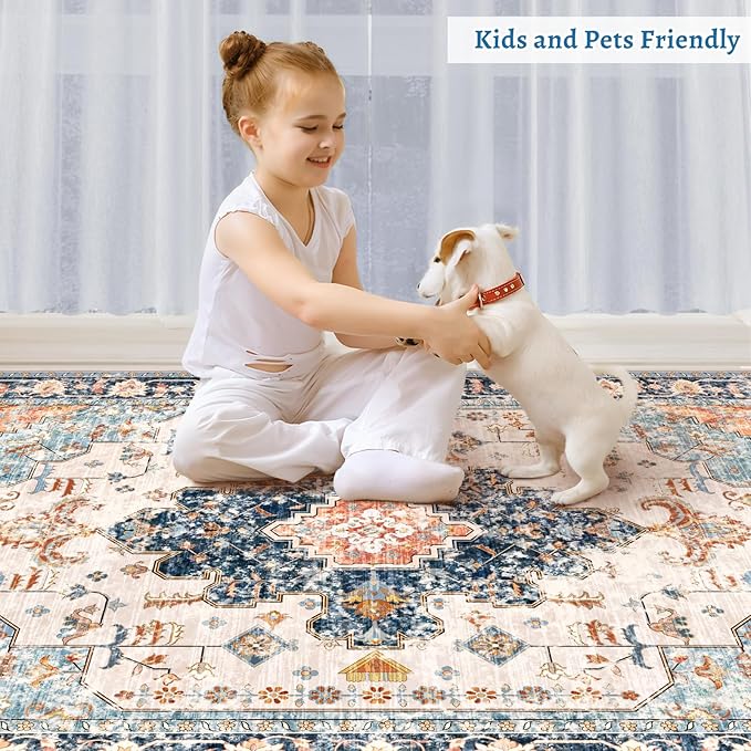 Tangsoo 5x7 Area Rug Washable Rug for Living Room, Vintage Rug Indoor Non Slip Large Area, Print Distressed Blue Carpet, Soft Low Pile Foldable Floor for Bedroom Dining Room Dorm