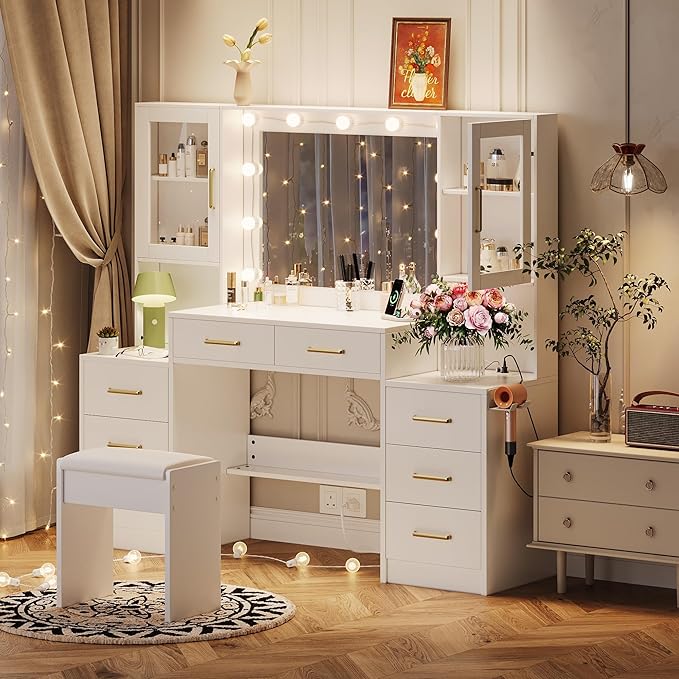 White Vanity Desk with Mirror, Lights & Charging Station, 58.3" 3 Lighting Modes Makeup Desk with 8 Drawers, 2 Cabinets and Lots Storage, Dressing Table Vanity Set with Lighted Mirror