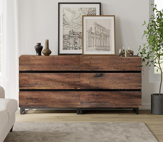 WAMPAT Dresser for Bedroom, Closet Organizers and Storage with 6 Drawers, Chest of Drawers with Metal Base, Modern Wood Dresser for Living Room, Entryway, Brown