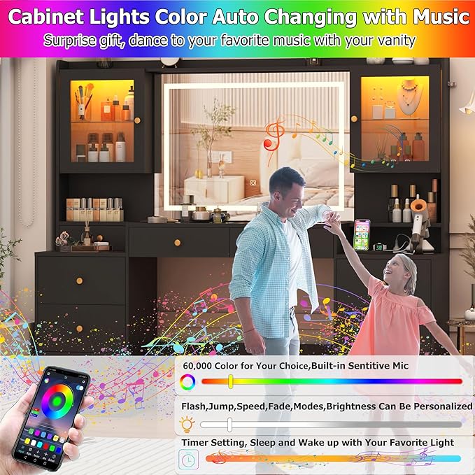 62" Large Black Vanitys Desk w/ Tempered Glass Top,60000-color LED Lights,Power Outlet, Make up Vanity w/ 3 Lights Mode LED Mirror,9 Drawers,2 RGB Cabinet LED Vanity Table for Women,Girls