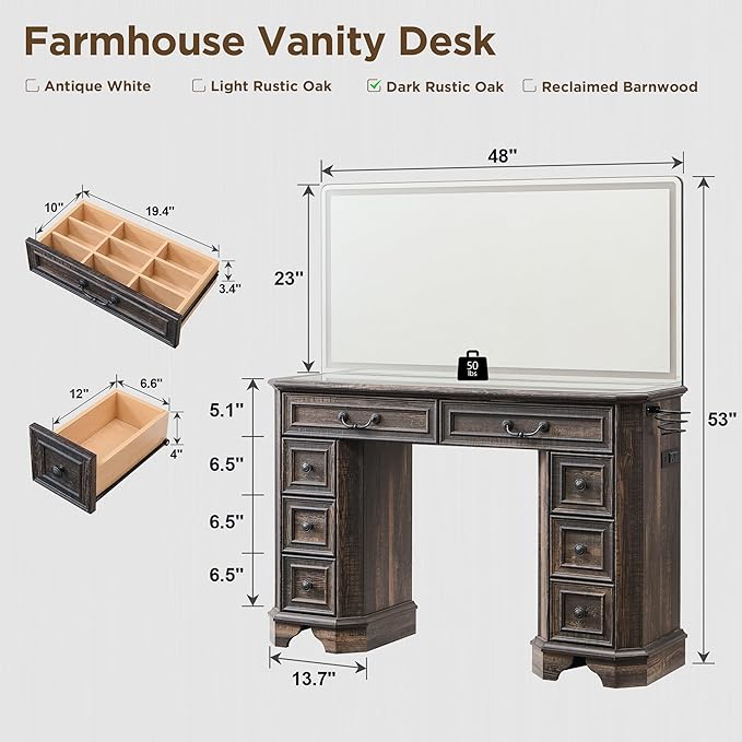 T4TREAM Makeup Vanity Desk with 48" HD Lighted Mirror, Farmhouse Vanity Table with 8 Drawers, Vanity Desk with 3 Color Modes, Dressing Table with Glass Top and Power for Bedroom(Dark Rustic Oak)