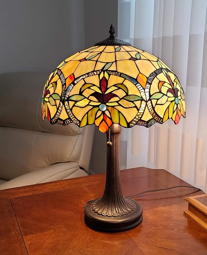 Tiffany Style Table Lamp Banker 23" Tall Stained Glass Green Tan Orange Yellow Floral Flower Vintage Antique Light Décor Living Room Bedroom Handmade Gift AM313TL16B Amora Lighting