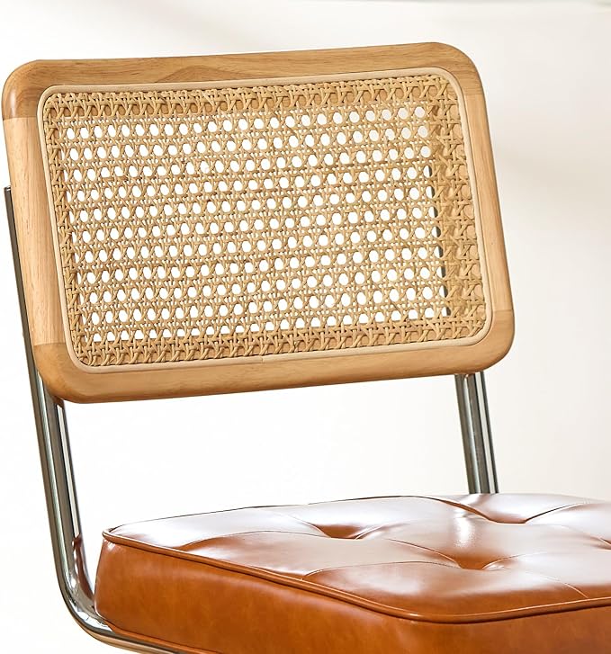 Natural Rattan Bar Stools Set of 2 with Solid Wood Back, 24 Inch Mid Century Modern Counter Height Stools, Brown Faux Leather Upholstery Boho Stool for Kitchen Counter with Chrome Metal Legs