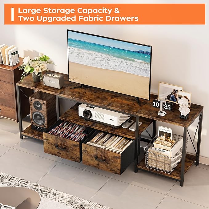 Homeiju TV Stand for TVs up to 75 Inch, Entertainment Center with Fabric Drawers, TV Media Console Table with Open Storage Shelves for Living Room, Bedroom, Rustic Brown