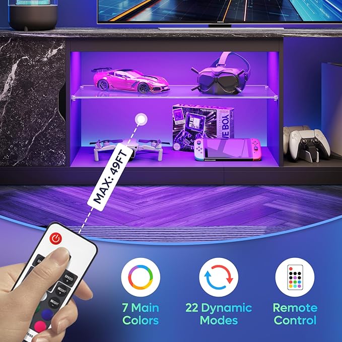 Bestier LED TV Stand for 65/70/75/80 Inch TV, 70 inch Gaming Entertainment Center with Adjustable Glass Shelves & Storage Cabinet for PS5, Xbox, Modern TV Console Table for Living Room, Black Marble