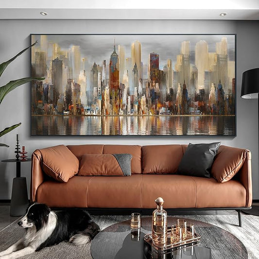 Mofutinpo Large Black Framed Cityscape New York abstract wall art Brown City Theme Paintings Modern Canvas office wall decor living room modern artwork Size 30x60