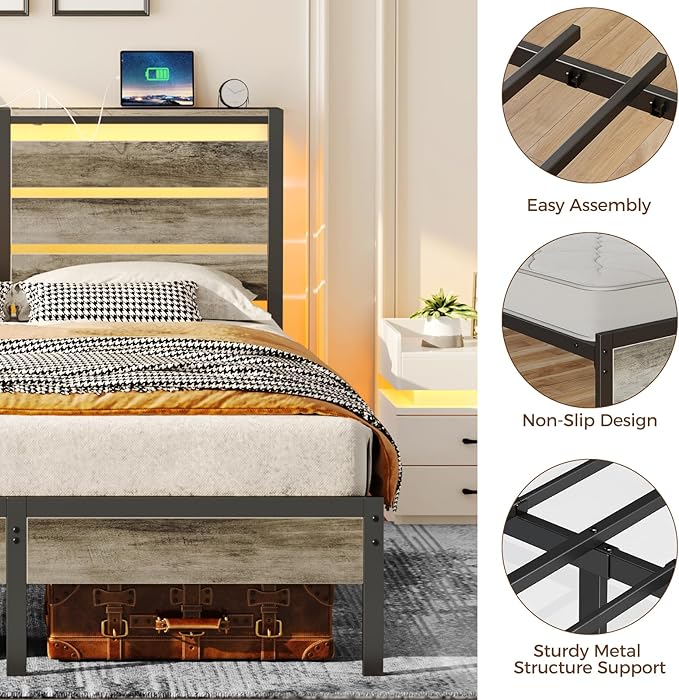 Rolanstar Bed Frame King Size with USB Charging Station, LED Bed Frame with Wood Storage Headboard, Light Grey Metal Platform Bed with Under Bed Storage, No Box Spring Needed, Noise Free