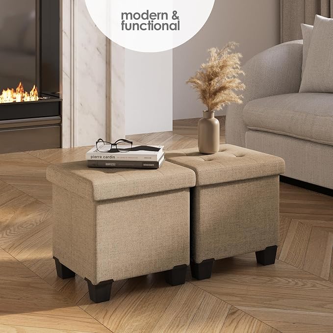 STORAGEBUD Storage Ottoman Cube with Small Bin, 16-in Square Ottoman with Storage for Living Room and Bedroom, Small Ottomans Foot Rest, Fabric Foot Stools Ottomans Max 330lbs, Taupe