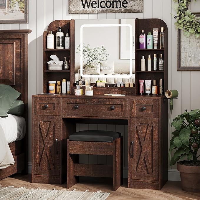 Vabches Makeup Vanity Desk, Vanity Mirror with Lights Desk and Chair,Makeup Table with 3 Large Drawers and 2 Cabinets, Time and Temperature Display, 3 LED Lighting Modes Adjustable, Brown