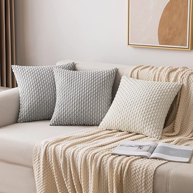 MIULEE Throw Pillow Covers Soft Corduroy Decorative Set of 2 Boho Striped Pillow Covers Pillowcases Farmhouse Home Decor for Couch Bed Sofa Living Room 18x18 Inch Light Grey