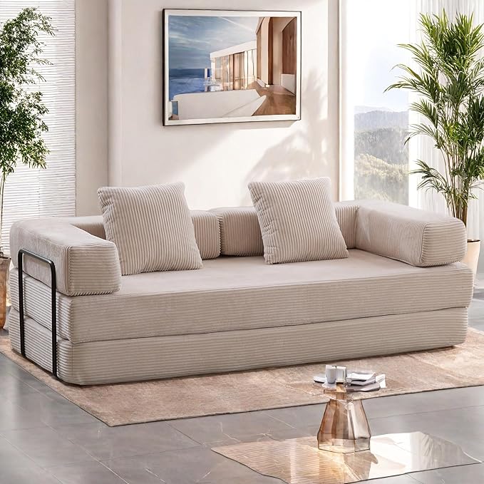 Convertible Sofa Bed, Compression Futon Sofa with Pillows & Armrest, Foldable Mattress Couch with Fixed-Shape Frame, Comfy Couch Lounge Sleeper Bed for Living Room Bedroom, Light Gray