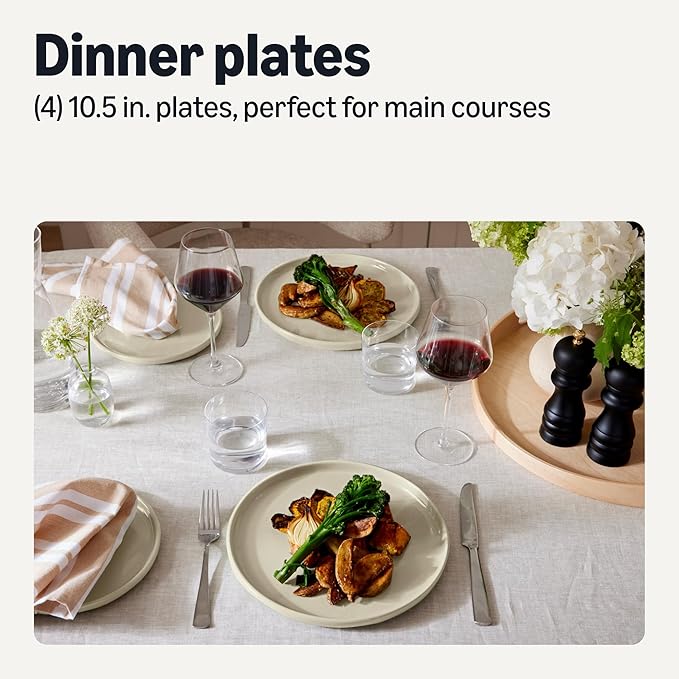 Amazon Basics Glazed Stoneware Dinner Plates, Ceramic 4-Piece Set, Microwave and Dishwasher-Safe, 10.5 in., Ivory