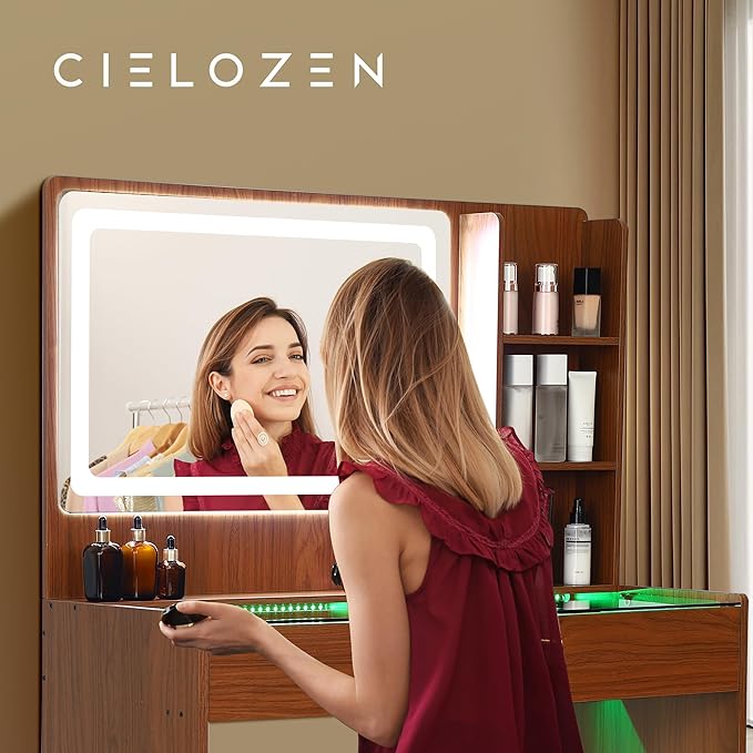 Vanity Desk，Transparent Desktop, Multiple Color Ambient Lights, with Mirror and Tri Color Light Strip, Dressing Table with Charging Station, Equipped with 2 Drawers, Peach Colored