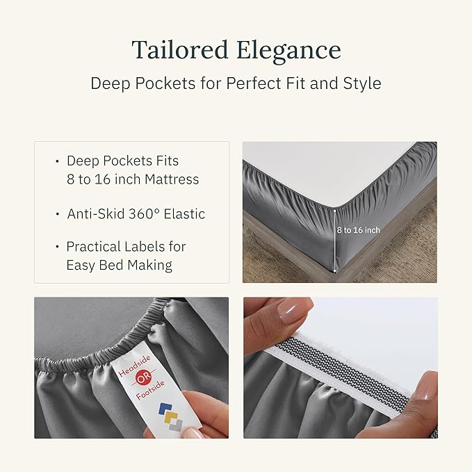 California Design Den Certified Luxury 100% Egyptian Cotton Sheets - Queen Sheets Set with Deep Pockets, Sateen Weave, Cool and Durable Luxury Bedding Set - Grey