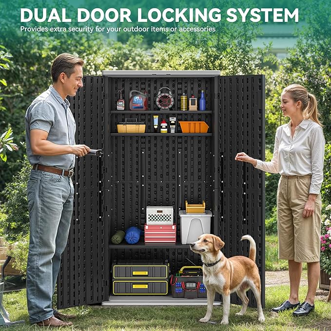 YITAHOME Outdoor Tall Storage Cabinet with 4 Shelves, Waterproof Resin Vertical Tool Shed, Lockable 30 cu. ft. Storage Shed for Patio, Garden, Yard, Dark Gray