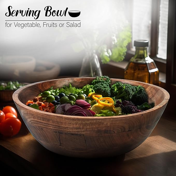 Crocon Wooden Salad Bowls Set, Round Serving Bowl for Fruits or Salads, Cereal, Corn Flake, Large Wood Serving Bowl, 12" Big Salad Bowl With Serving Utensils