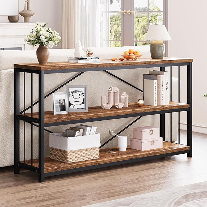 LVB Industrial Console Entryway Table, Metal Wood Rustic Sofa Table with Storage, Farmhouse 3 Tier Shelf Long Hallway Foyer Entry Tables Behind Couch for Home Living Room Entryway, Rustic Brown, 55 In