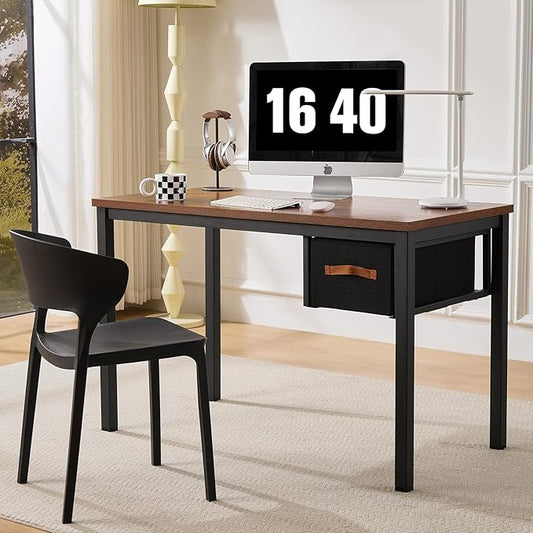 Computer Desk with Drawer, 47 Inch Home Office Work Desks, Modern Writing Study PC Desk Gaming Table for Small Place Bedroom, Thickened Tabletop and Stable Metal Frame Leg（Rustic Brown）