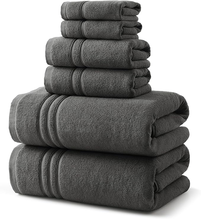 REDKISS 6 Piece Luxury Bath Towel Set - 100% Cotton Towels for Bathroom, 600 GSM Premium Dark Grey Towels of 6, Includes 2 Large Bath Sheets, 2 Hand Towel, 2 Washcloths, Highly Absorbent