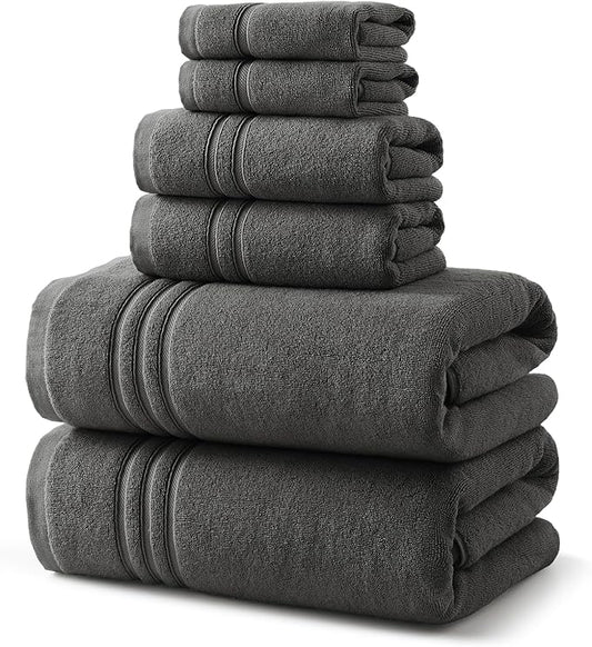 REDKISS 6 Piece Luxury Bath Towel Set - 100% Cotton Towels for Bathroom, 600 GSM Premium Dark Grey Towels of 6, Includes 2 Large Bath Sheets, 2 Hand Towel, 2 Washcloths, Highly Absorbent