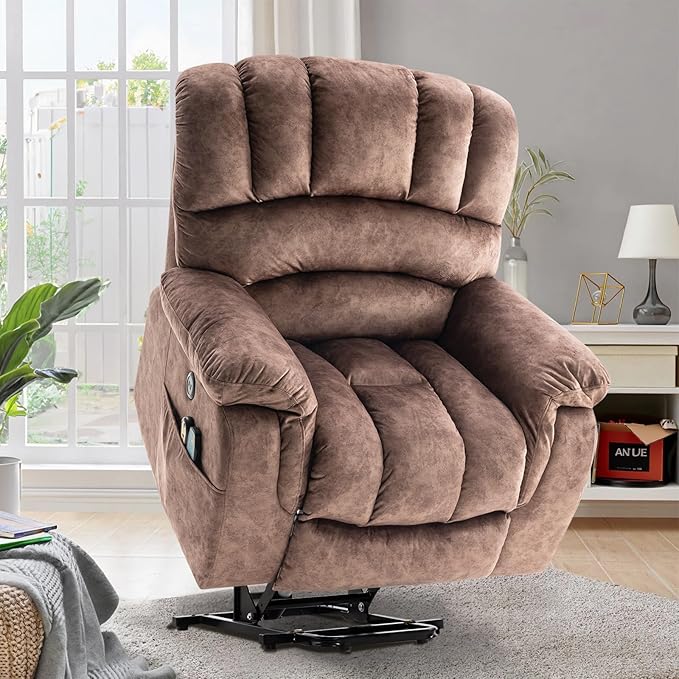 VIVIJASON Large Electric Power Lift Recliner Chair with Heat & Massage for Elderly People, Heavy Duty and Safety Motion Overstuffed Recliners with 2 Remote Controls, Side Pockets & USB Ports, Brown
